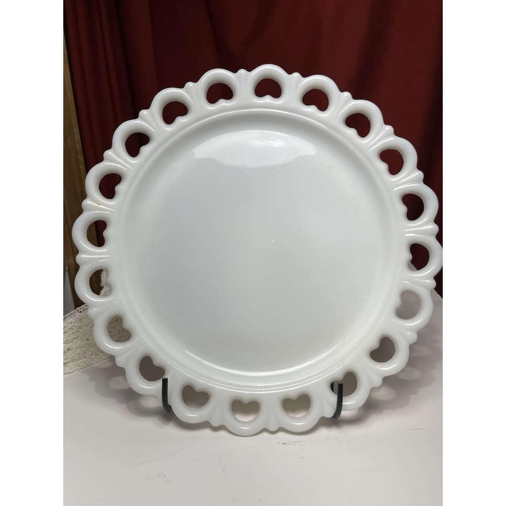Vintage Anchor Hocking White Milk Glass Open Heart Lace Cake Wedding Collectors